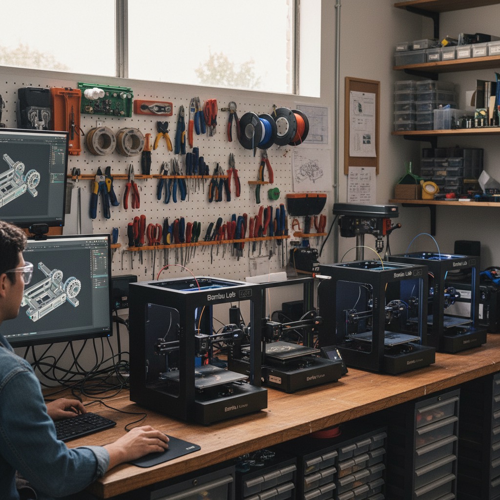 A person sits at a workbench using a computer to design 3D models while multiple 3D printers operate nearby in a workshop filled with tools.